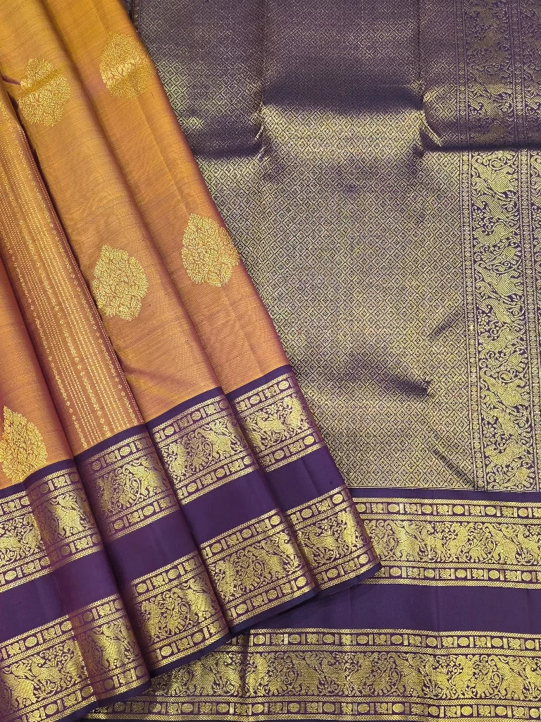 Mustard Gold & Purple Pure Kanchipuram Silk Saree with Elephant Zari Border | Bridal Saree