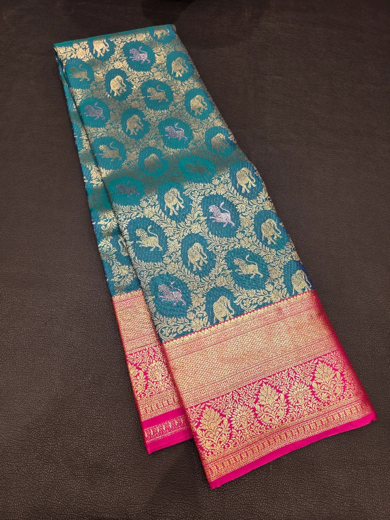 Peacock Teal Blue Semi Kanchipuram Silk Saree with Magenta Pink Gold Zari Border & Rich Pallu