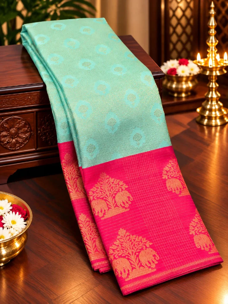 Sea Green Pure Kanchipuram Silk Saree with Red Elephant Motif Border | Traditional Bridal Silk Saree
