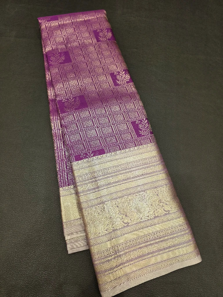 Royal Purple Semi Kanchipuram Silk Saree with Silver Gold Zari Border & Rich Contrast Pallu