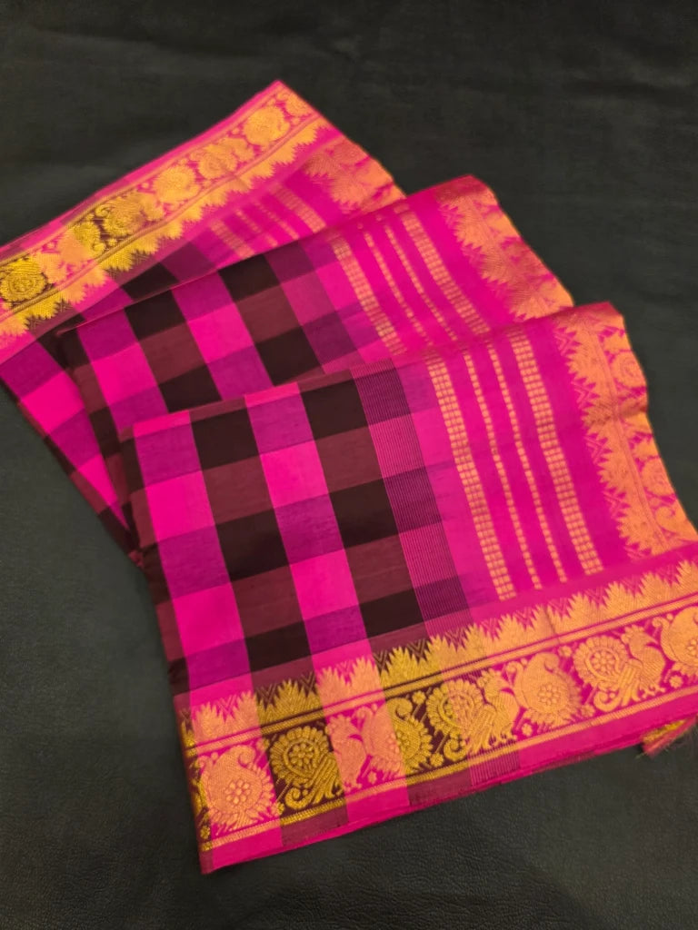 Rani Pink & Black Checks Semi Silk Cotton Saree with Gold Zari Temple Border | Kanchipuram Style