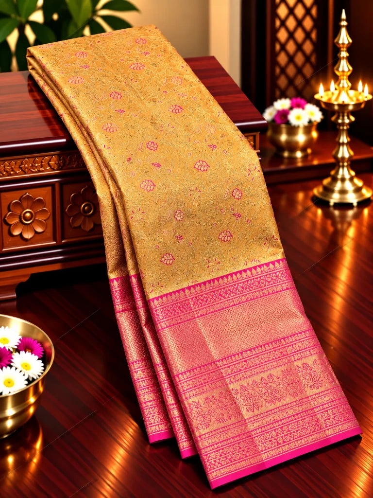 Antique Gold Pure Kanchipuram Silk Saree with Magenta Pink Zari Border & Rich Traditional Pallu