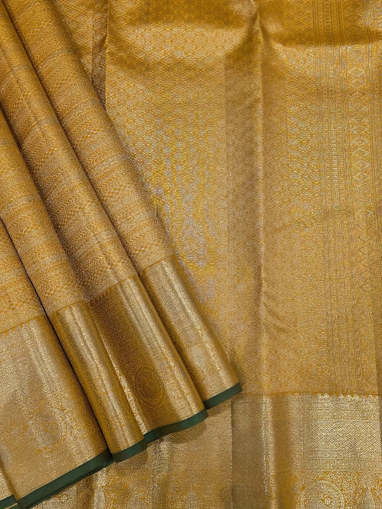 Golden Yellow Pure Kanchipuram Silk Saree with Rich Zari & Green Border | Bridal Saree