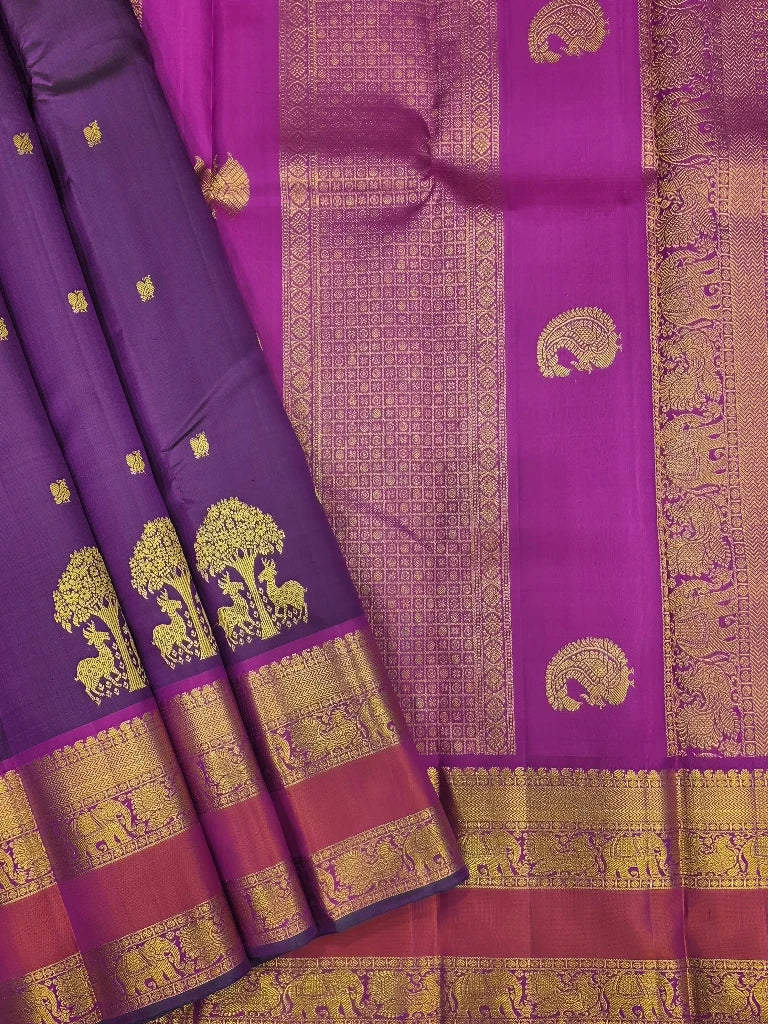 Royal Purple Pure Kanchipuram Silk Saree with Elephant & Peacock Zari Border | Bridal Saree