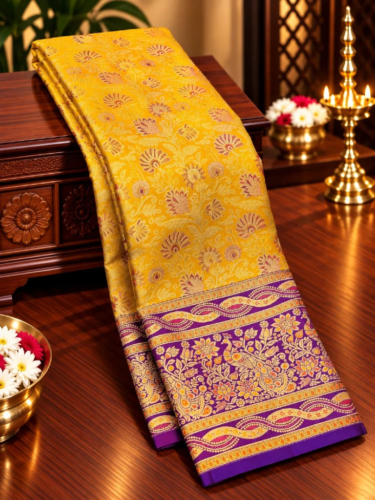 Royal Mustard Yellow & Purple Pure Kanchipuram Silk Saree with Peacock Floral Zari Border | Bridal Saree