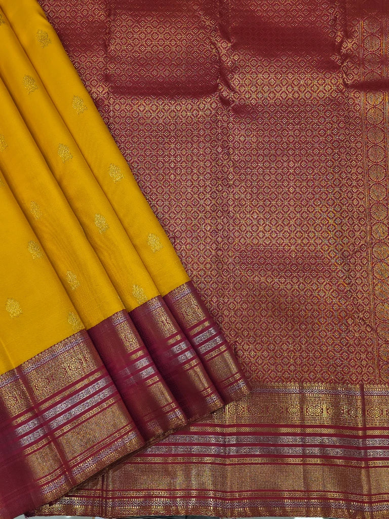Mustard Yellow Pure Kanchipuram Silk Saree with Maroon Gold Zari Border | Bridal Saree