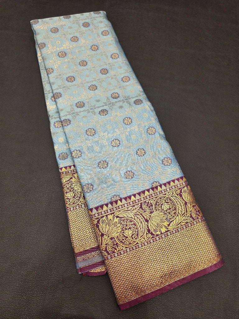 Sky Blue Semi Kanchipuram Silk Saree with Wine Purple Gold Zari Border & Rich Bridal Pallu