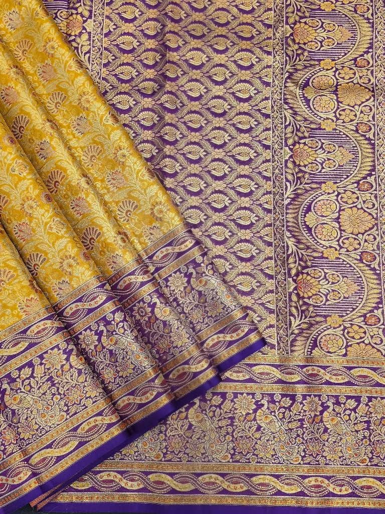 Royal Mustard Yellow & Purple Pure Kanchipuram Silk Saree with Peacock Floral Zari Border | Bridal Saree