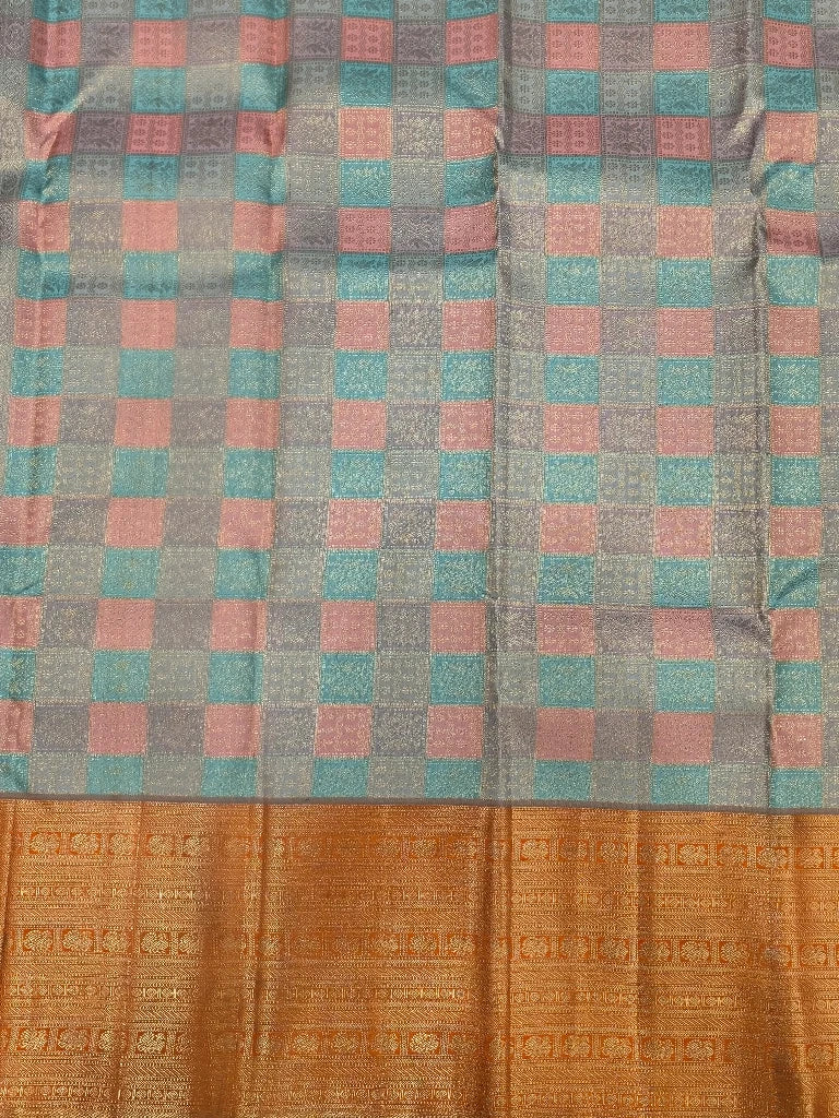 Dark Plum Pure Kanchipuram Silk Saree with Multicolor Checks Pallu & Gold Zari Border