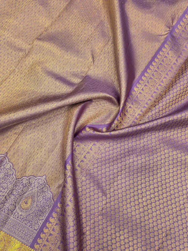 Royal Lavender Purple Pure Kanchipuram Silk Saree with Gold Zari Paisley Border | Traditional Bridal Saree