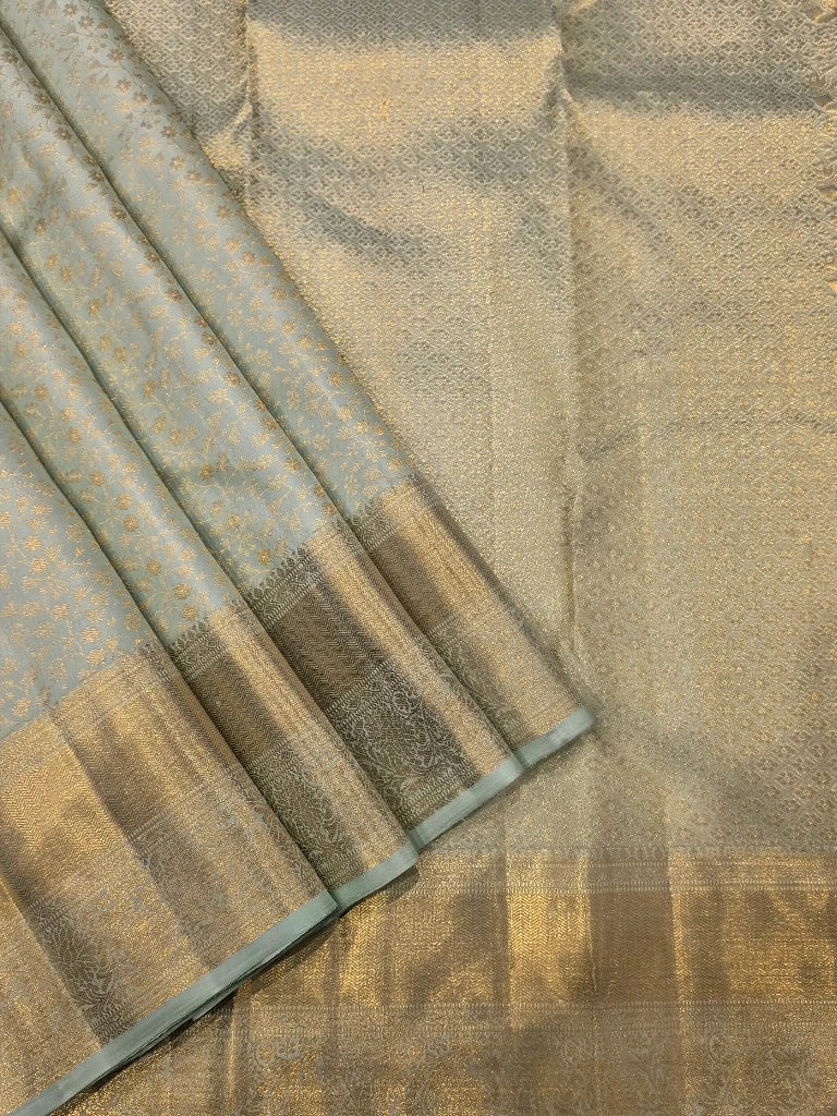 Ice Blue Pure Kanchipuram Silk Saree with Antique Gold Zari | Luxury Bridal Saree