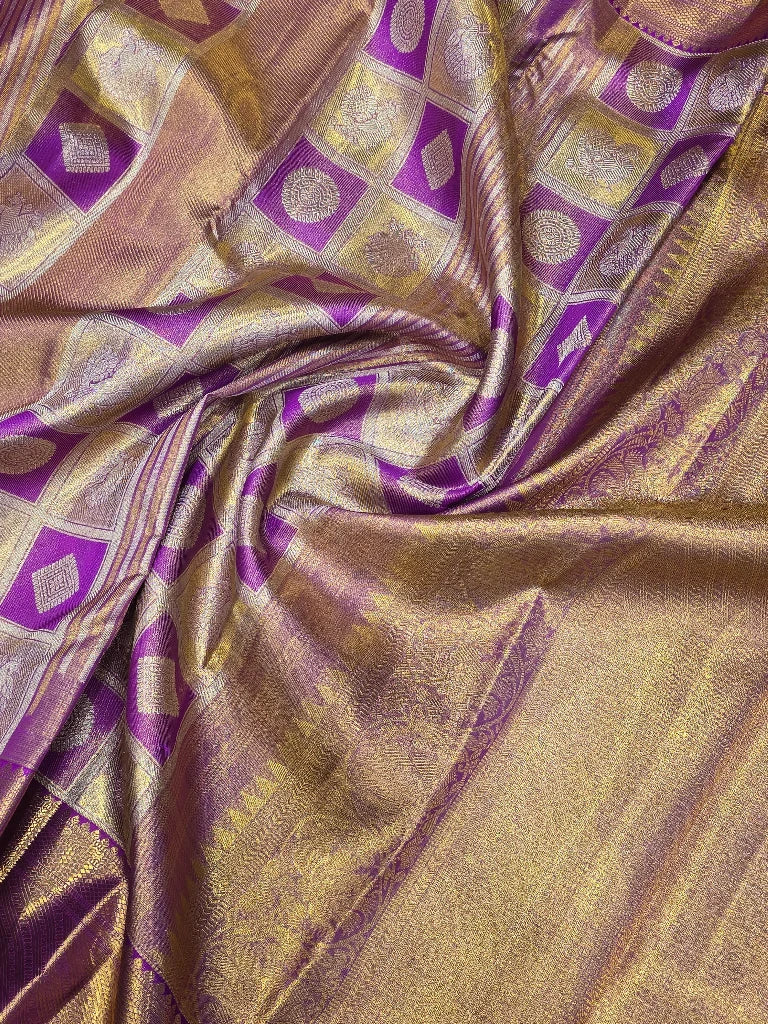 Royal Purple Pure Kanchipuram Silk Saree with Rich Gold Zari Border | Traditional Bridal Saree