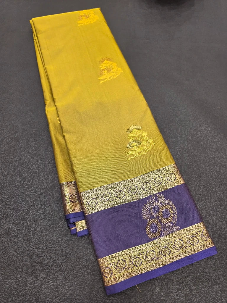 Olive Green Semi Kanchipuram Silk Saree with Royal Blue Zari Border & Rich Pallu