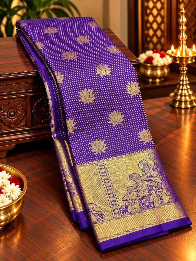 Royal Purple Pure Kanchipuram Silk Saree with Gold Zari Lotus & Elephant Border | Traditional Bridal Saree