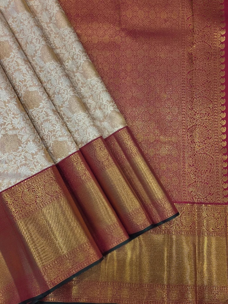Ivory Gold Pure Kanchipuram Silk Saree with Maroon Contrast Border & Rich Gold Zari Pallu