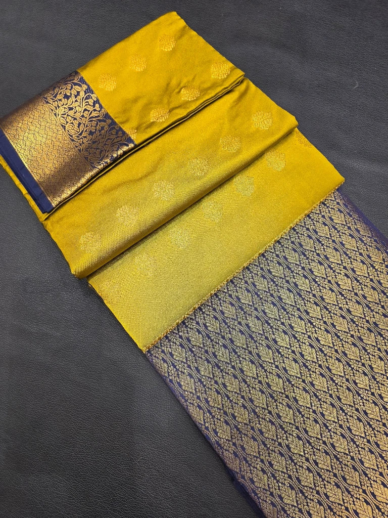 Mustard Yellow Semi Kanchipuram Silk Saree with Navy Blue Gold Zari Border & Rich Pallu