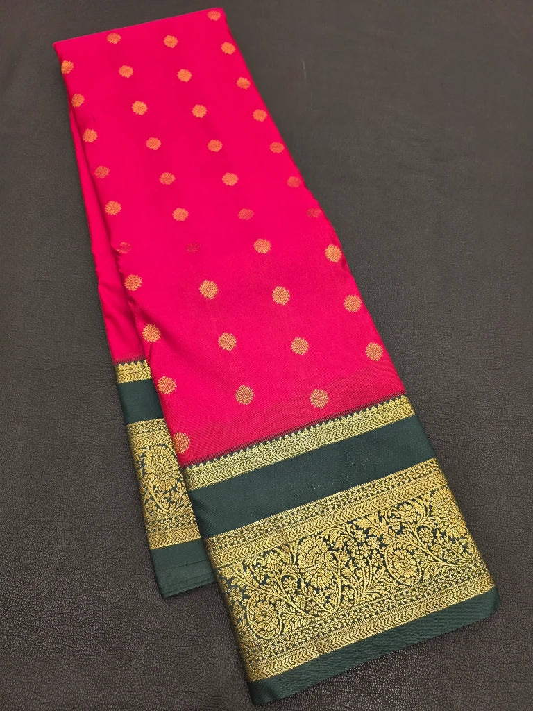 Rani Pink Semi Kanchipuram Silk Saree with Peacock Green Gold Zari Border & Rich Traditional Pallu