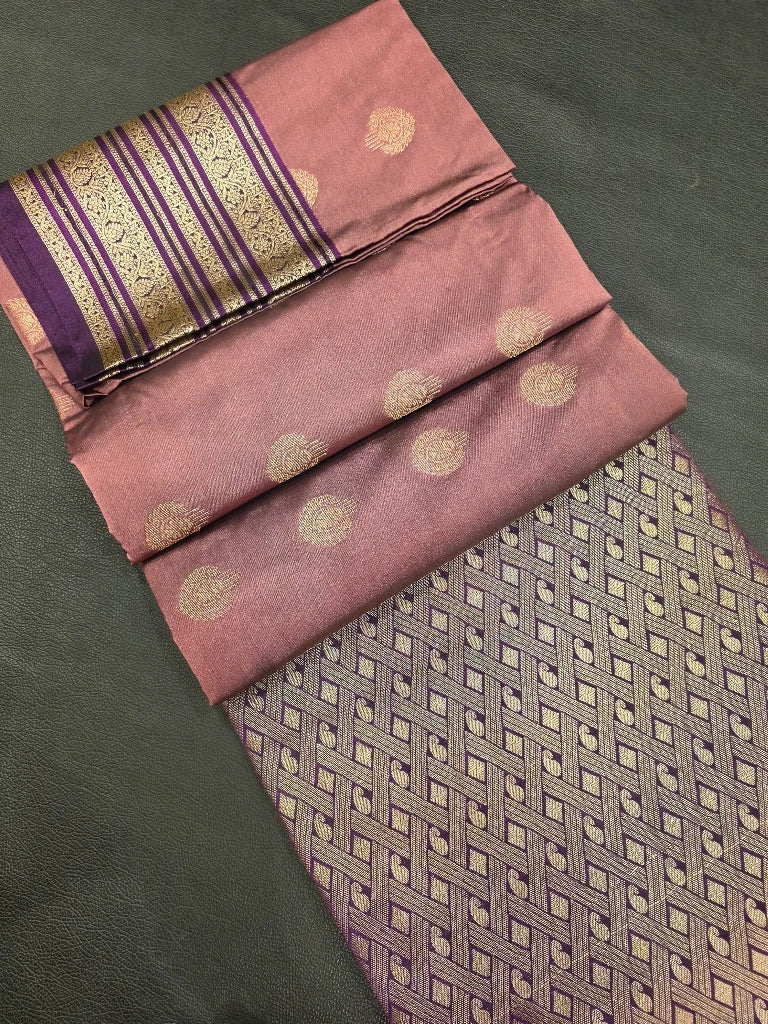 Dusty Rose Pink Semi Kanchipuram Silk Saree with Purple Gold Zari Border & Rich Brocade Pallu