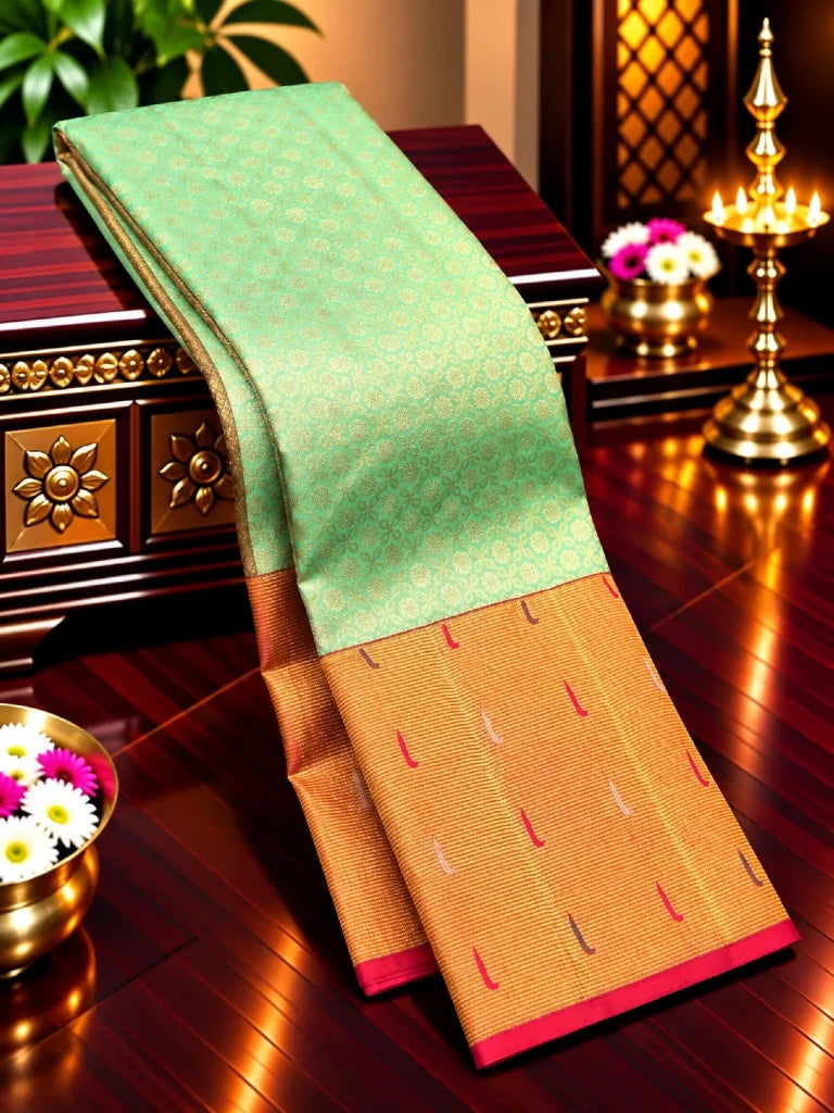 Aqua Blue Pure Kanchipuram Silk Saree with Floral Zari Buttas & Maroon Gold Zari Pallu | Bridal Silk Saree