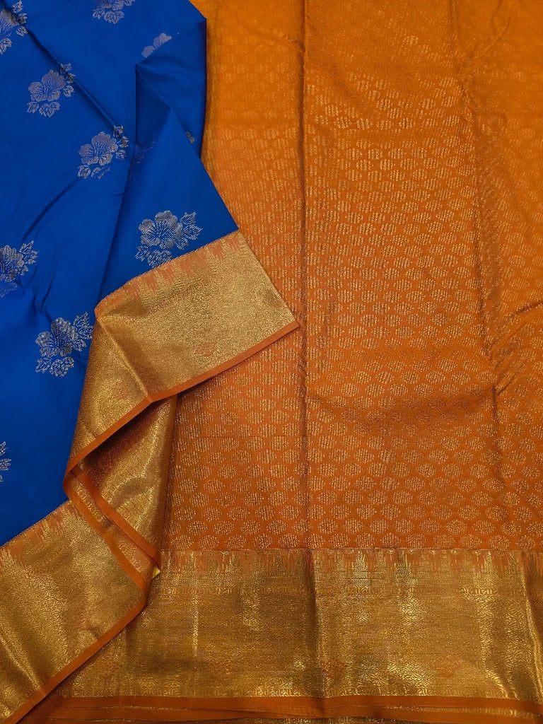 Royal Blue Semi Kanchipuram Silk Saree with Orange Gold Zari Border & Rich Brocade Pallu