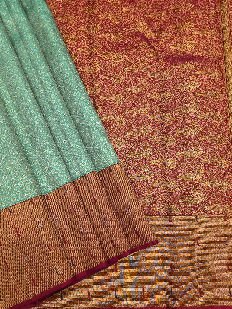 Aqua Blue Pure Kanchipuram Silk Saree with Floral Zari Buttas & Maroon Gold Zari Pallu | Bridal Silk Saree