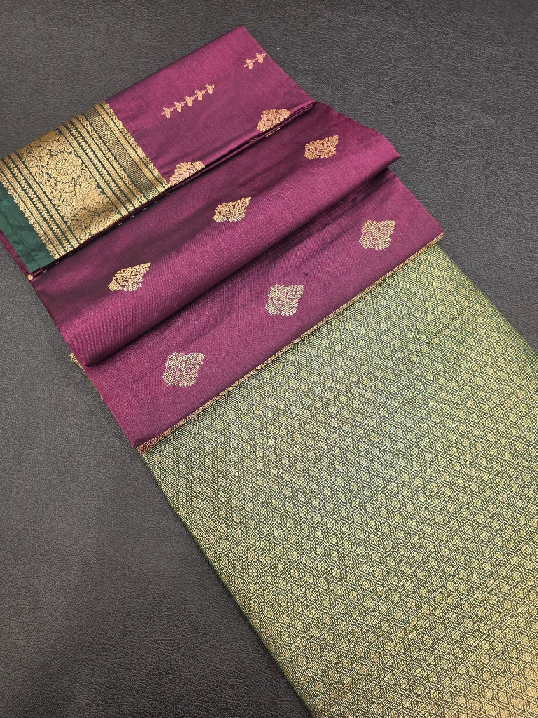 Wine Purple Semi Kanchipuram Silk Saree with Bottle Green Contrast Zari Border & Rich Brocade Pallu
