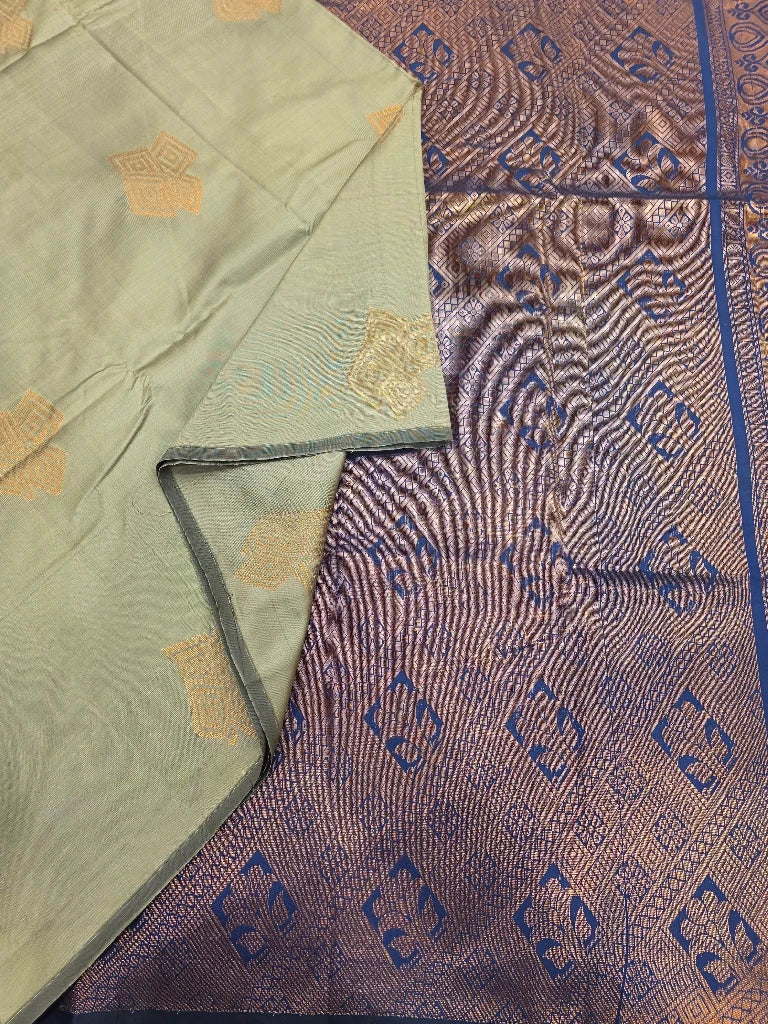 Pastel Sage Green Semi Kanchipuram Silk Saree with Gold Zari Buttas & Royal Blue Brocade Pallu