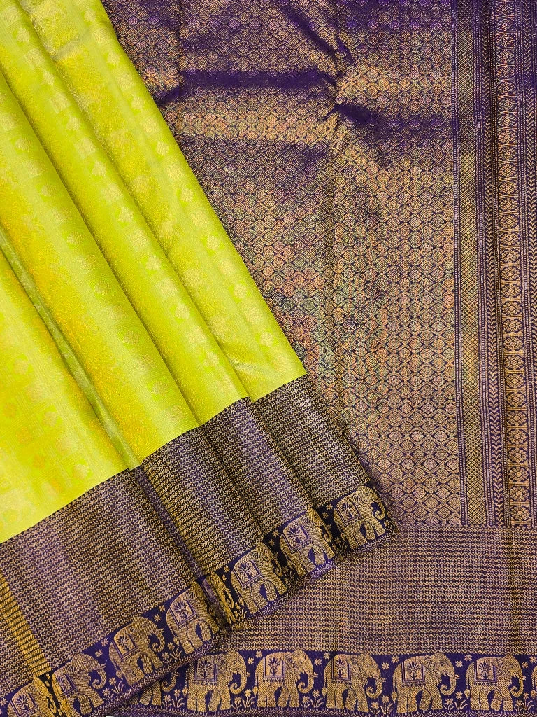 Parrot Green & Royal Purple Pure Kanchipuram Silk Saree with Gold Zari Elephant Border | Bridal Saree