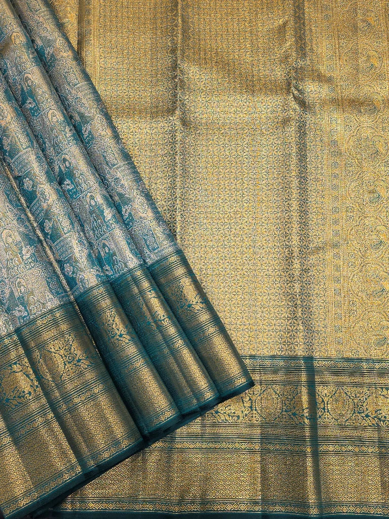 Royal Teal Blue Pure Kanchipuram Silk Saree with Antique Gold Zari Border & Traditional Motifs | Bridal Silk