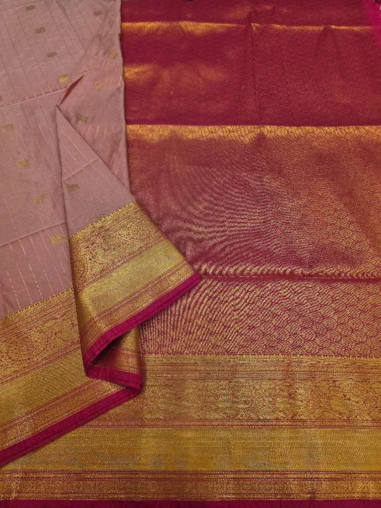 Dusty Rose Pink Semi Kanchipuram Silk Saree with Rani Pink Contrast Zari Border & Rich Gold Pallu