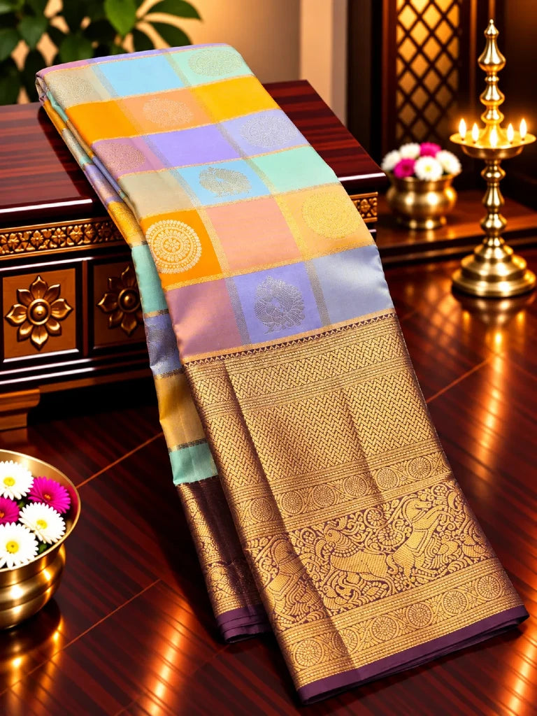 Royal Multicolour Checks Pure Kanchipuram Silk Saree with Elephant Zari Border & Rich Purple Pallu | Bridal Silk