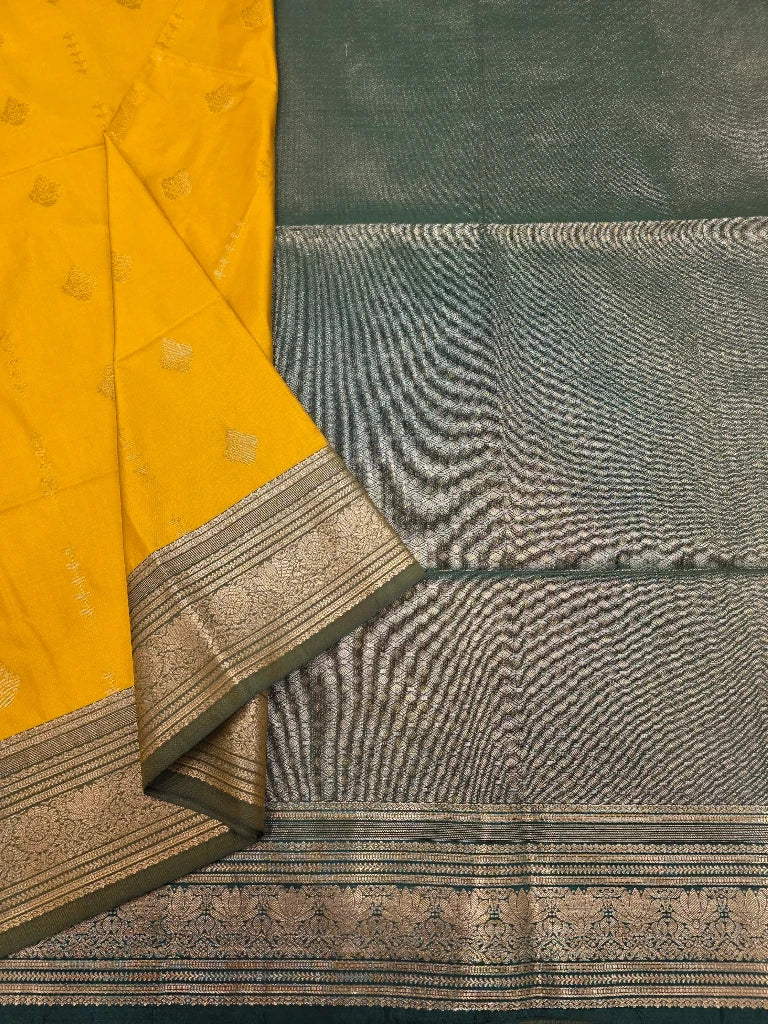 Mustard Yellow Semi Kanchipuram Silk Saree with Bottle Green Contrast Border & Rich Gold Zari Pallu