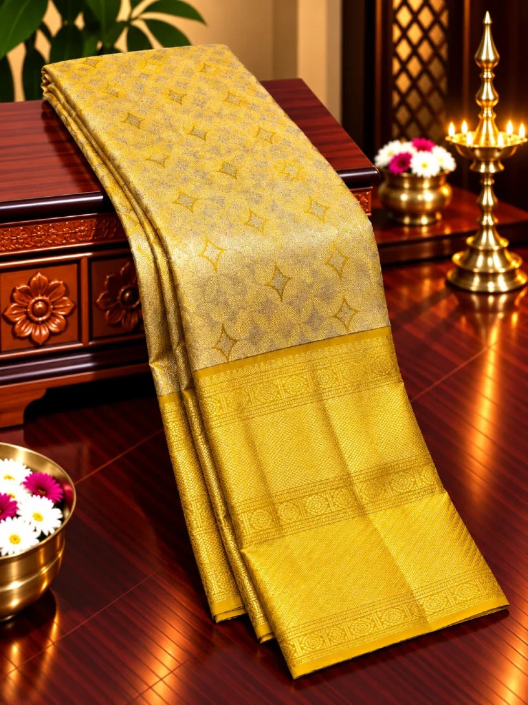 Royal Ivory & Golden Zari Pure Kanchipuram Silk Saree with Rich Gold Border | Bridal Wedding Pattu Saree