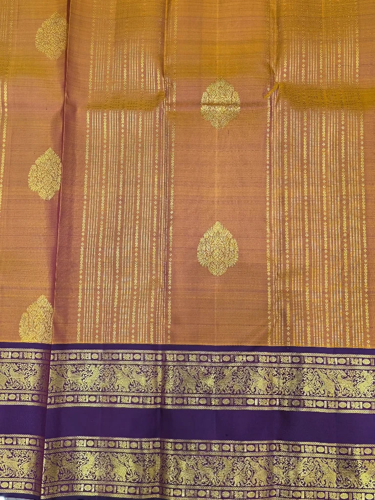 Mustard Gold & Purple Pure Kanchipuram Silk Saree with Elephant Zari Border | Bridal Saree