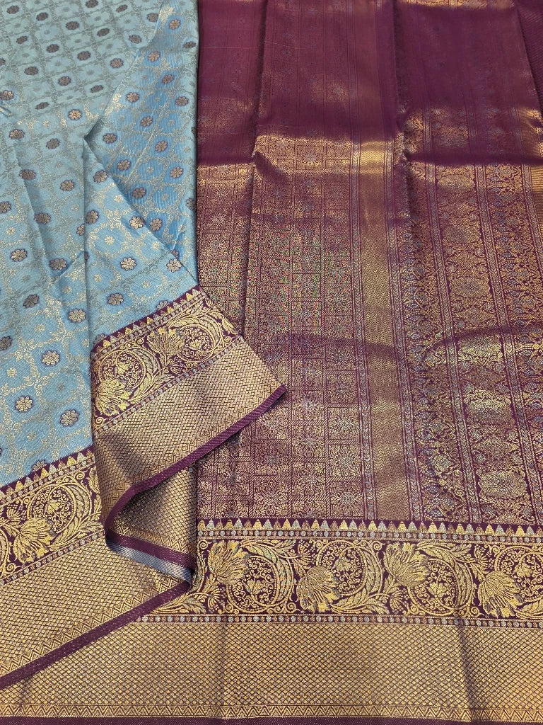 Sky Blue Semi Kanchipuram Silk Saree with Wine Purple Gold Zari Border & Rich Bridal Pallu