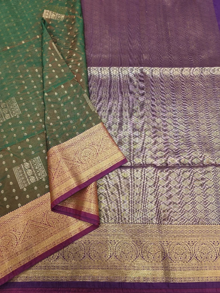 Bottle Green Semi Kanchipuram Silk Saree with Purple Gold Zari Border & Rich Pallu
