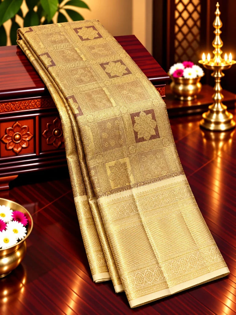 Royal Wine Purple Checks Pure Kanchipuram Silk Saree with Ivory Gold Zari Border & Rich Pallu