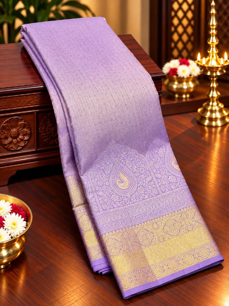 Royal Lavender Purple Pure Kanchipuram Silk Saree with Gold Zari Paisley Border | Traditional Bridal Saree