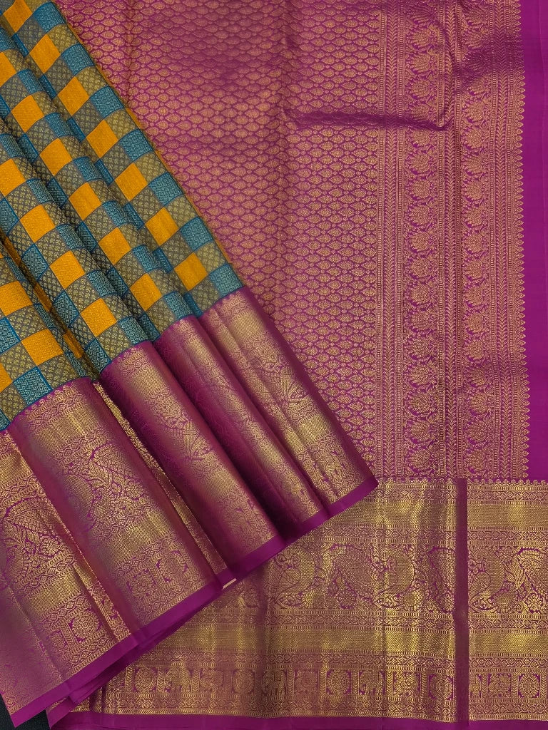 Royal Mustard Yellow & Purple Pure Kanchipuram Silk Saree with Peacock Floral Zari Border | Bridal Saree