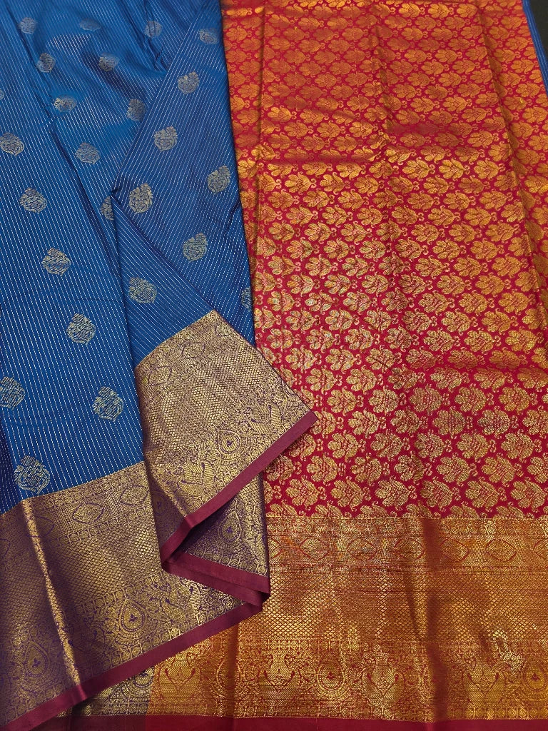 Royal Blue Semi Kanchipuram Silk Saree with Gold Zari Buttas & Rich Red Contrast Pallu | Traditional Bridal Saree