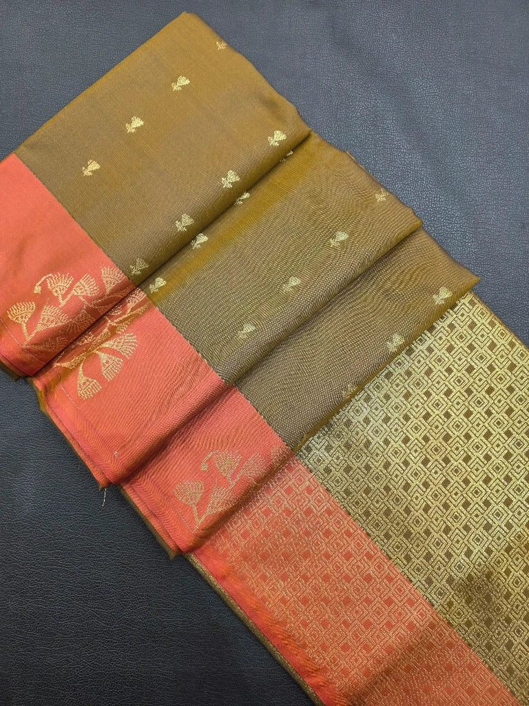 Olive Green Semi Kanchipuram Silk Saree with Peach Pink Floral Zari Border & Rich Brocade Pallu