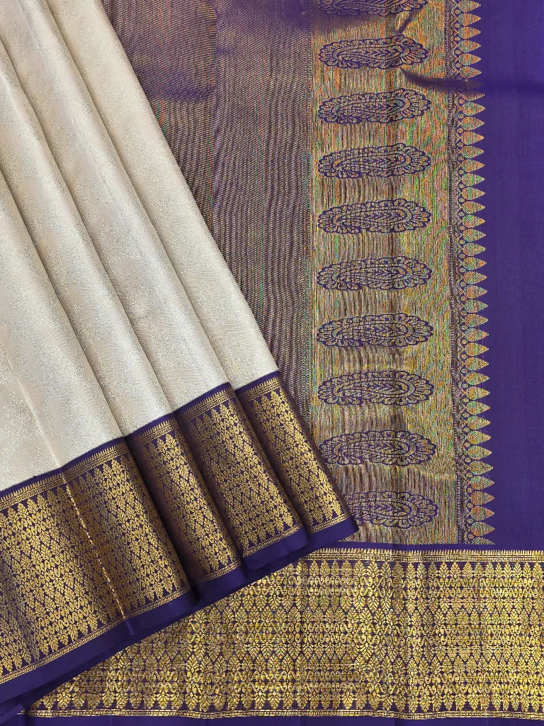 Ivory White Pure Kanchipuram Silk Saree with Royal Purple Gold Zari Border | Traditional Bridal Silk Saree