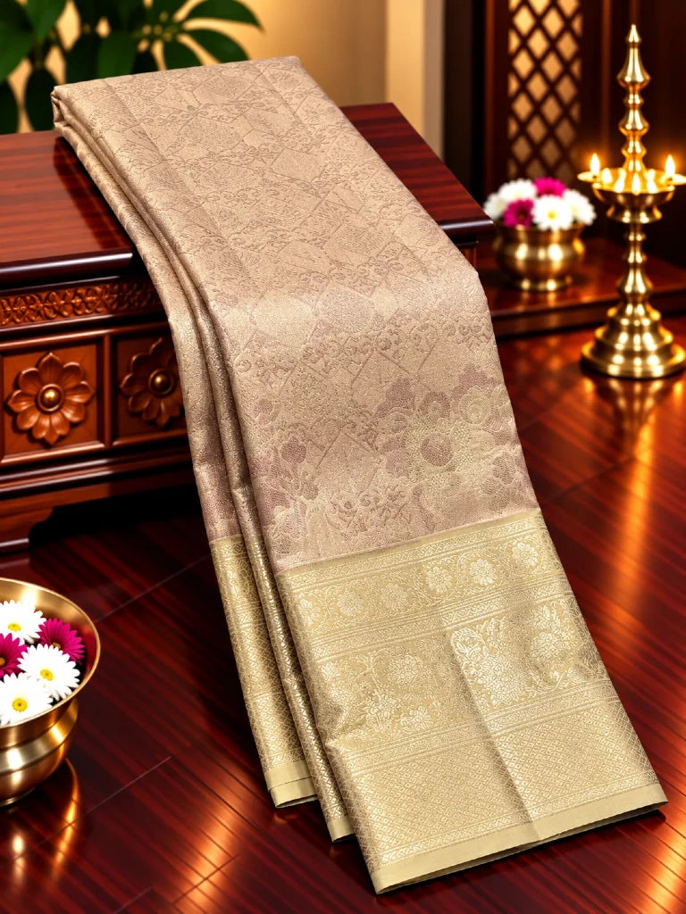 Elegant Dusty Mauve Pure Kanchipuram Silk Saree with Champagne Gold Zari Border | Bridal Silk Saree