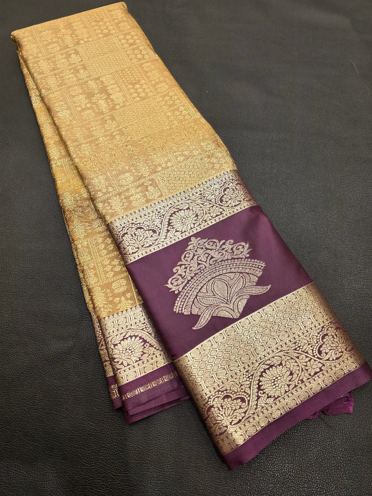 Golden Beige Semi Kanchipuram Silk Saree with Wine Purple Contrast Zari Border & Rich Paisley Pallu