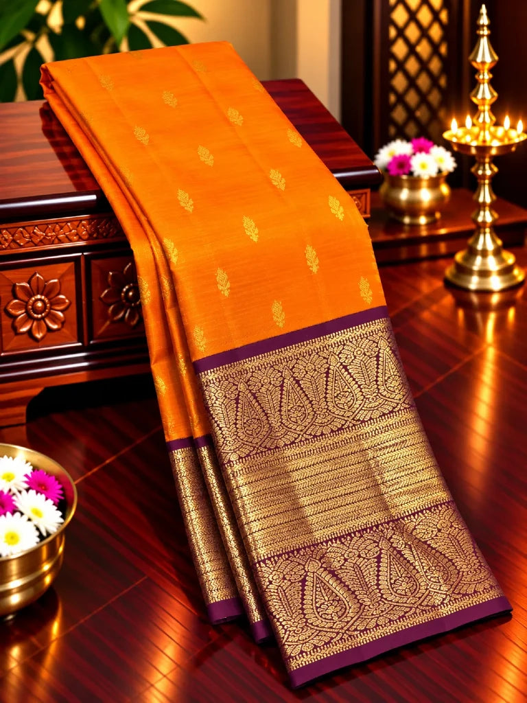Royal Orange Pure Kanchipuram Silk Saree with Purple Contrast Border & Rich Gold Zari Pallu