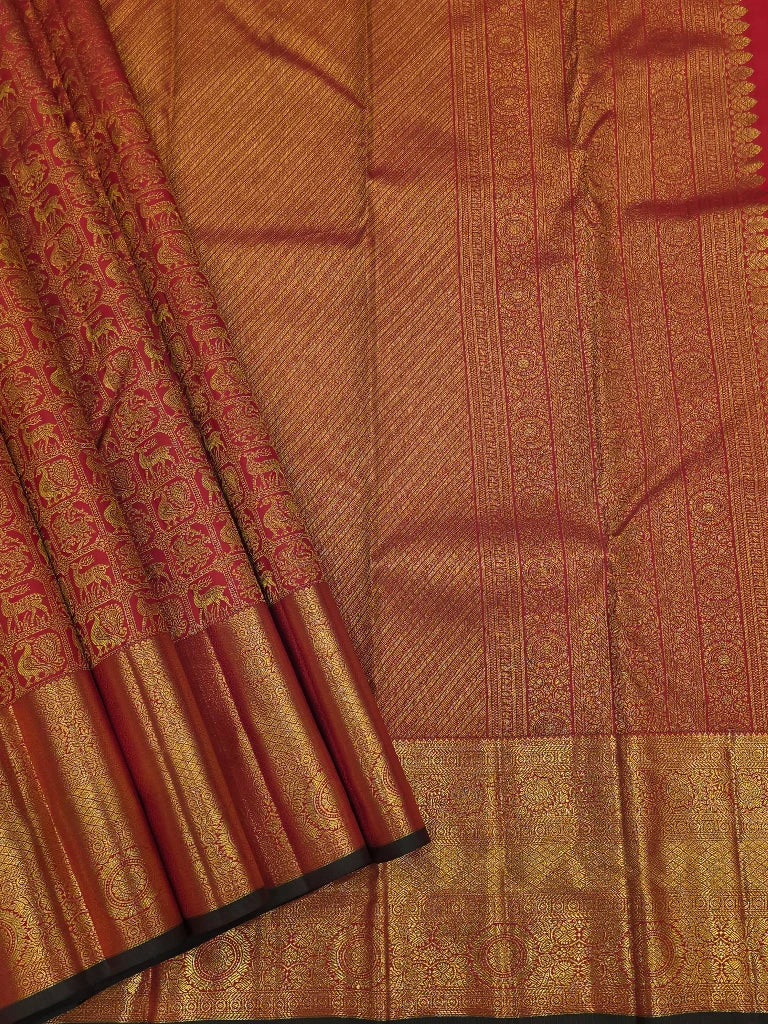 Royal Red Pure Kanchipuram Silk Saree with Elephant & Peacock Motifs | Rich Gold Zari Bridal Saree