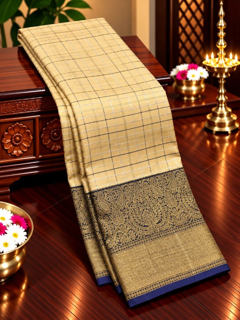 Royal Ivory Checks Pure Kanchipuram Silk Saree with Navy Blue Contrast Border & Antique Gold Zari | Bridal Silk