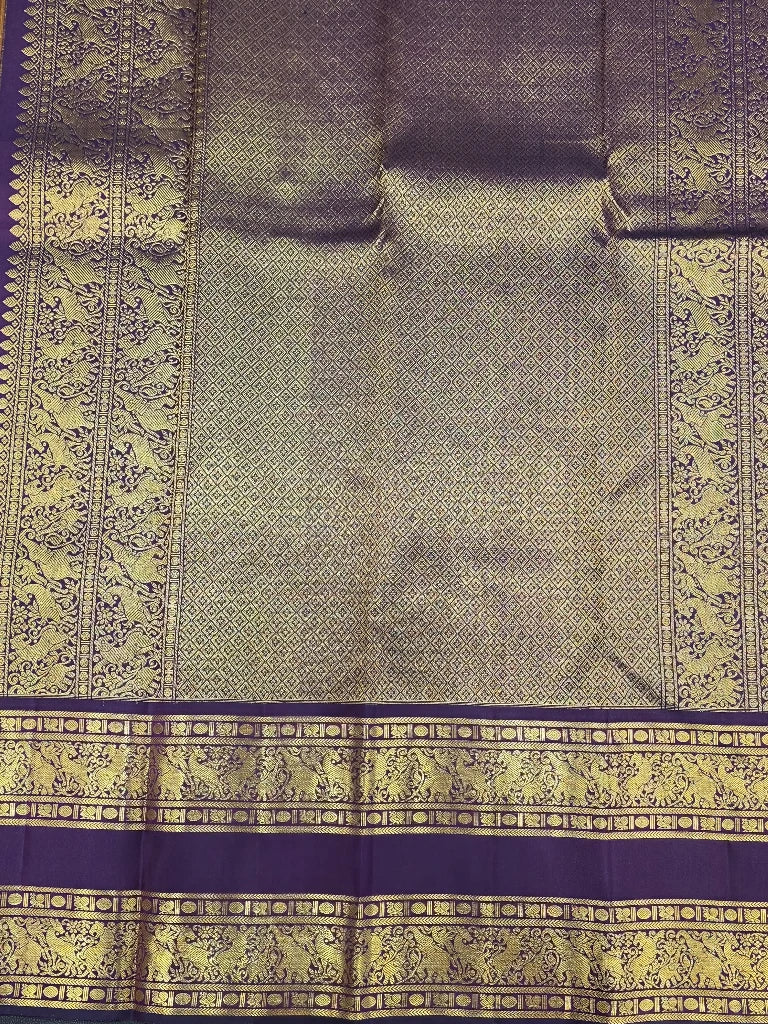 Mustard Gold & Purple Pure Kanchipuram Silk Saree with Elephant Zari Border | Bridal Saree