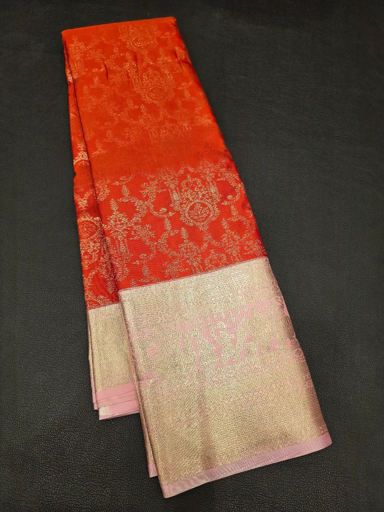 Rust Orange Semi Kanchipuram Silk Saree with Rose Pink Gold Zari Border & Rich Elephant Pallu