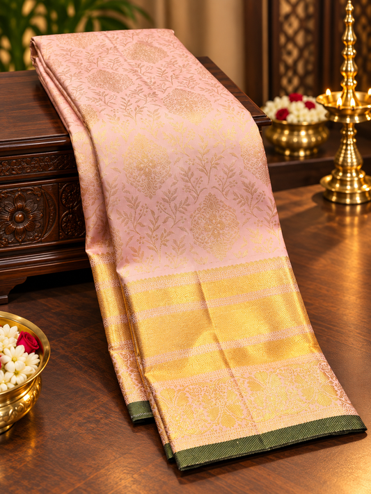 Pastel Pink Pure Kanchipuram Silk Saree with Black Gold Zari Pallu | Bridal Saree AA-001956